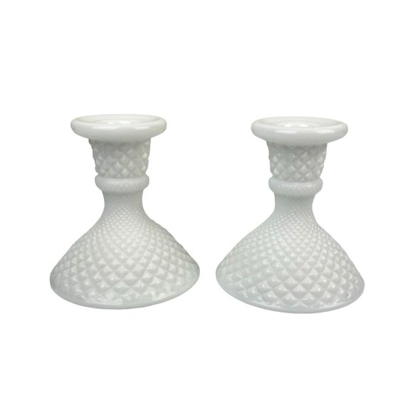 WESTMORELAND Authentic Milk Glass Set of 2 Hobnail Candle Holders White Home - Picture 1 of 12